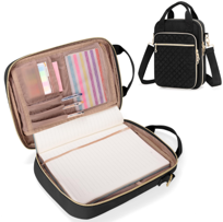 Large study bag with multiple pockets, zippers, and straps for easy transport.