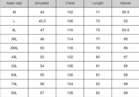 Size chart for Classic Leather Jacket